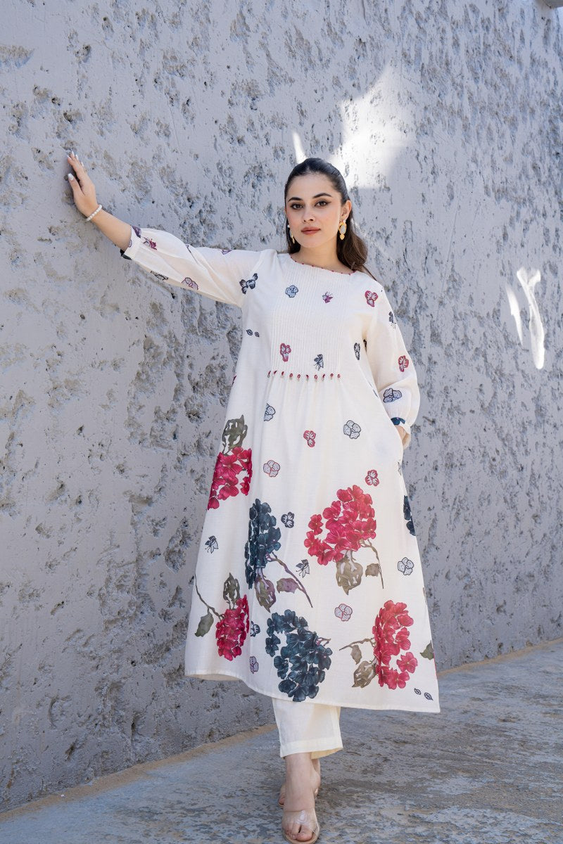 White Cotton Floral Printed Co-ord Set for Women