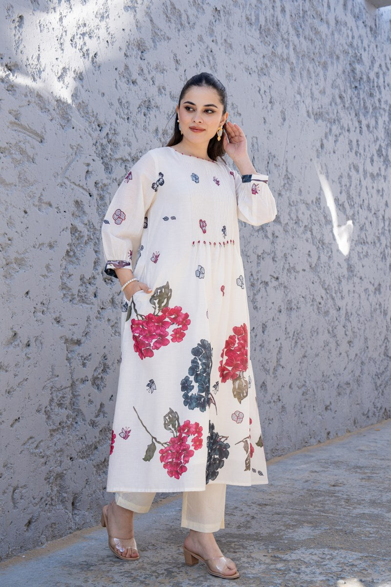 White Cotton Floral Printed Co-ord Set for Women