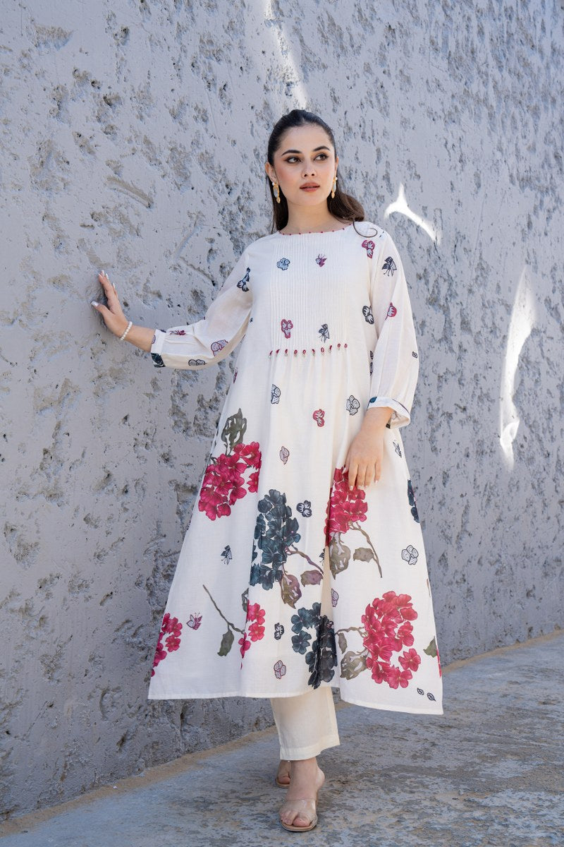 White Cotton Floral Printed Co-ord Set for Women