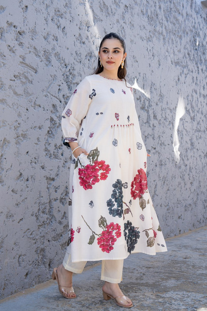 White Cotton Floral Printed Co-ord Set for Women