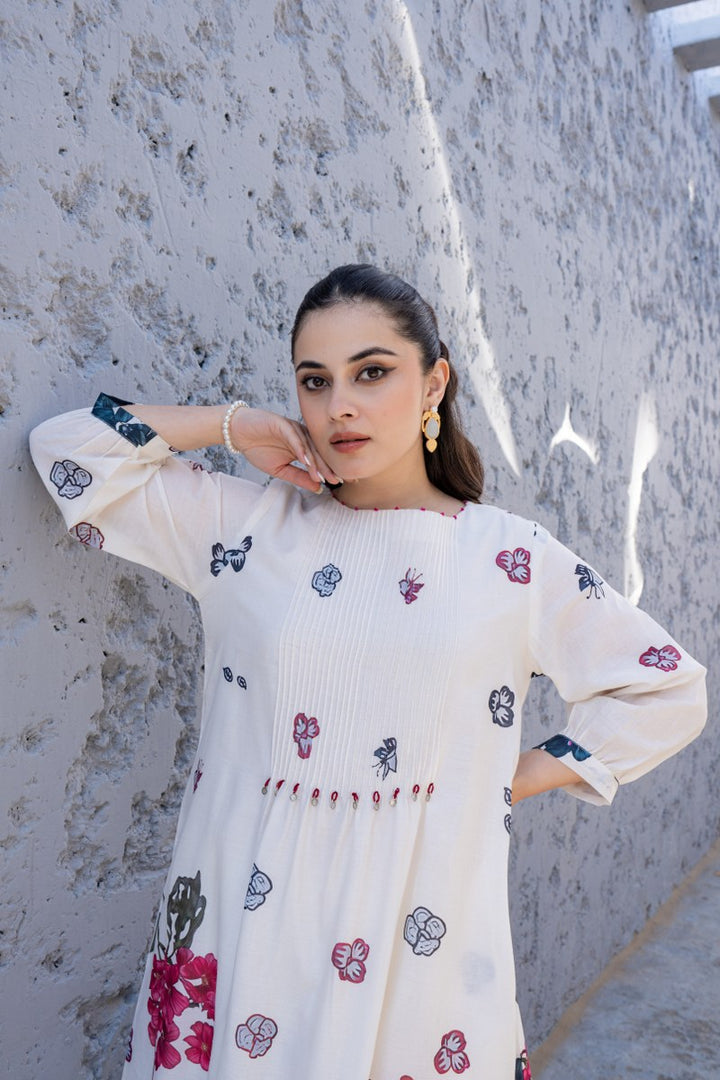 White Cotton Floral Printed Co-ord Set for Women