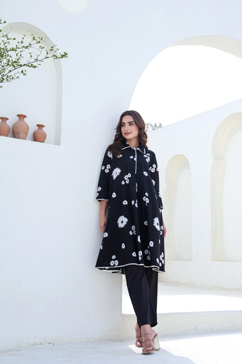 Black Cotton Floral Printed Co-ord Set for Women