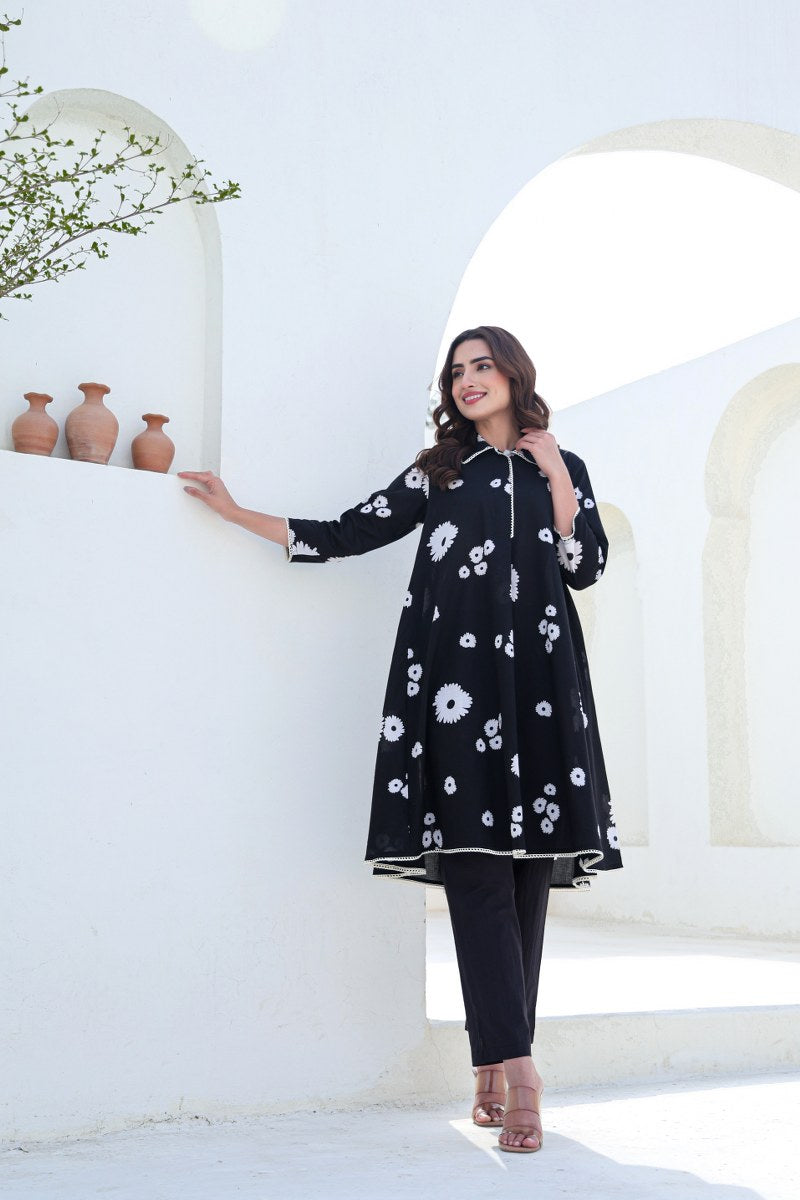Black Cotton Floral Printed Co-ord Set for Women