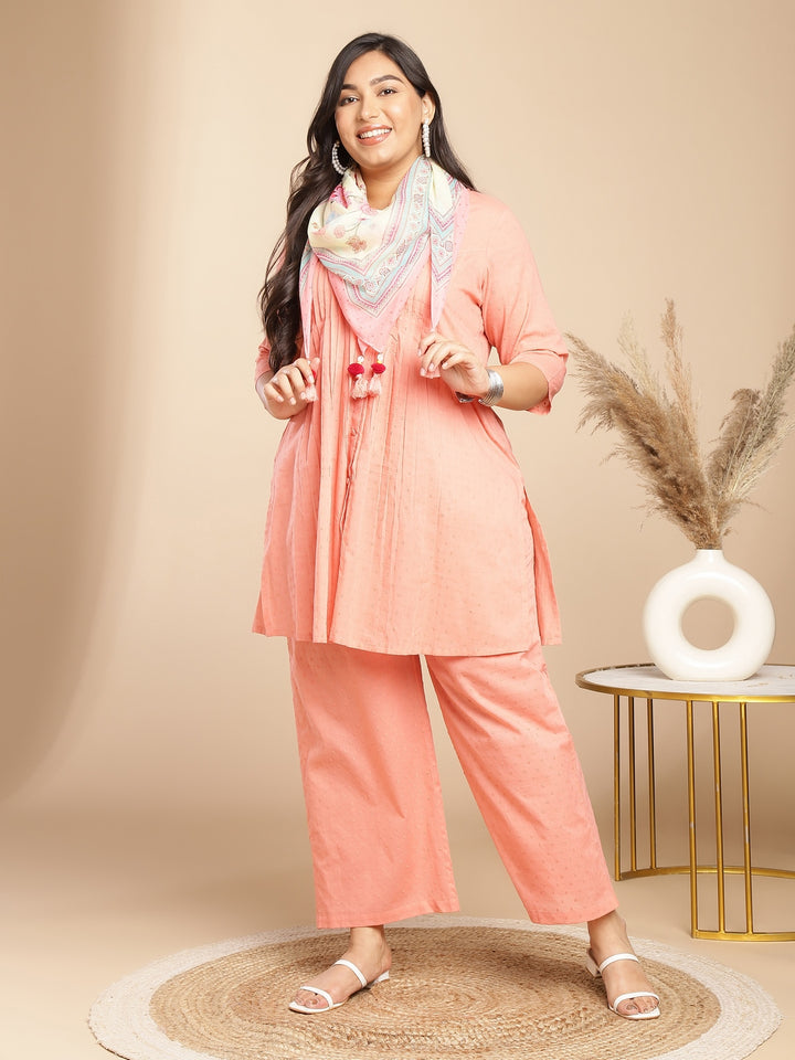 Women Plus Size Peach Dobby Cotton Self Design Kurta With Stole Set