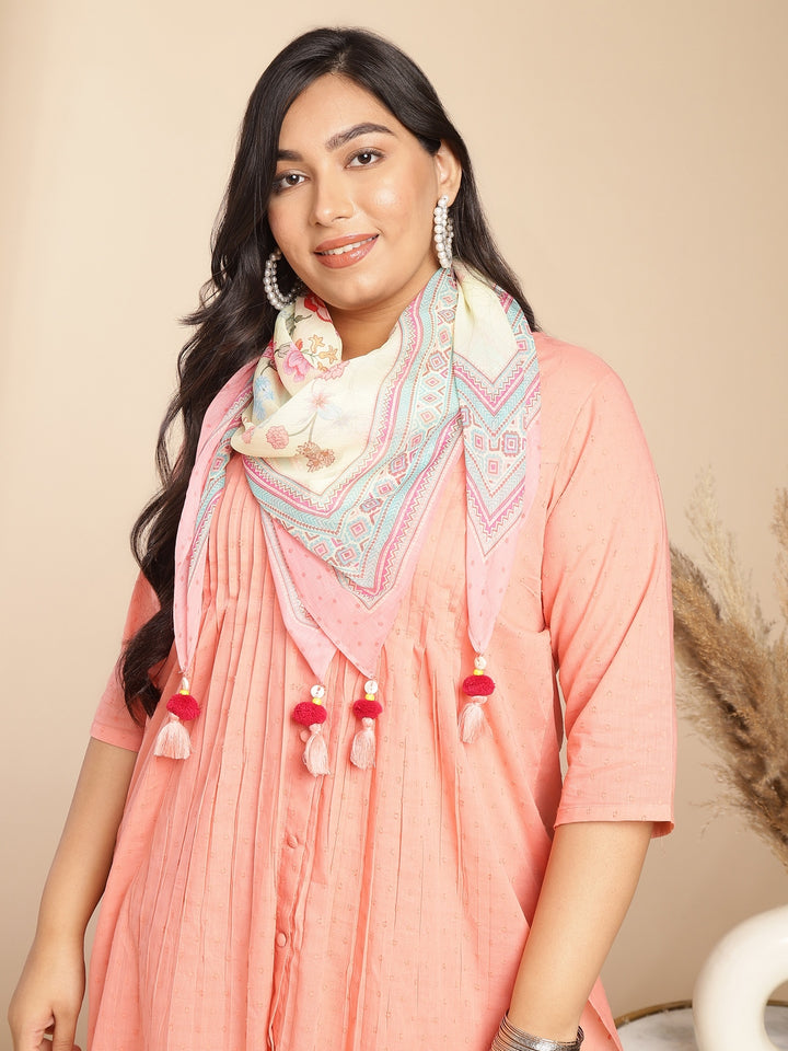 Women Plus Size Peach Dobby Cotton Self Design Kurta With Stole Set