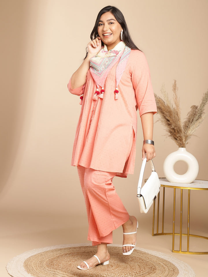 Women Plus Size Peach Dobby Cotton Self Design Kurta With Stole Set