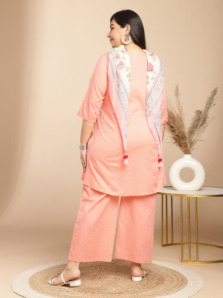 Women Plus Size Peach Dobby Cotton Self Design Kurta With Stole Set