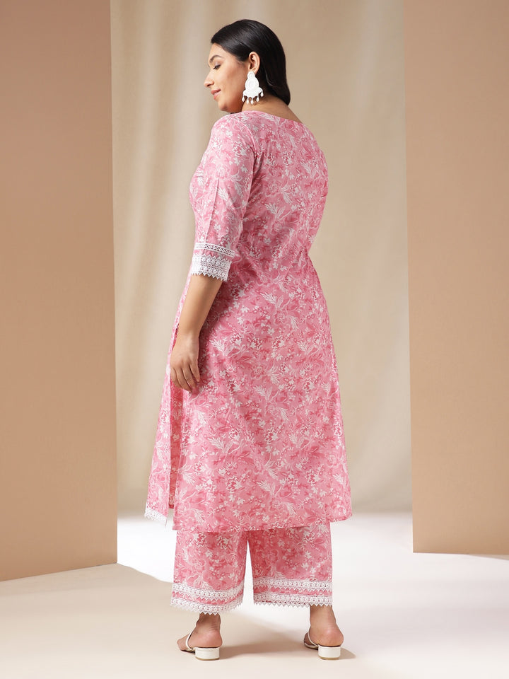 Plus Size Pink Floral Print Straight Kurta Set