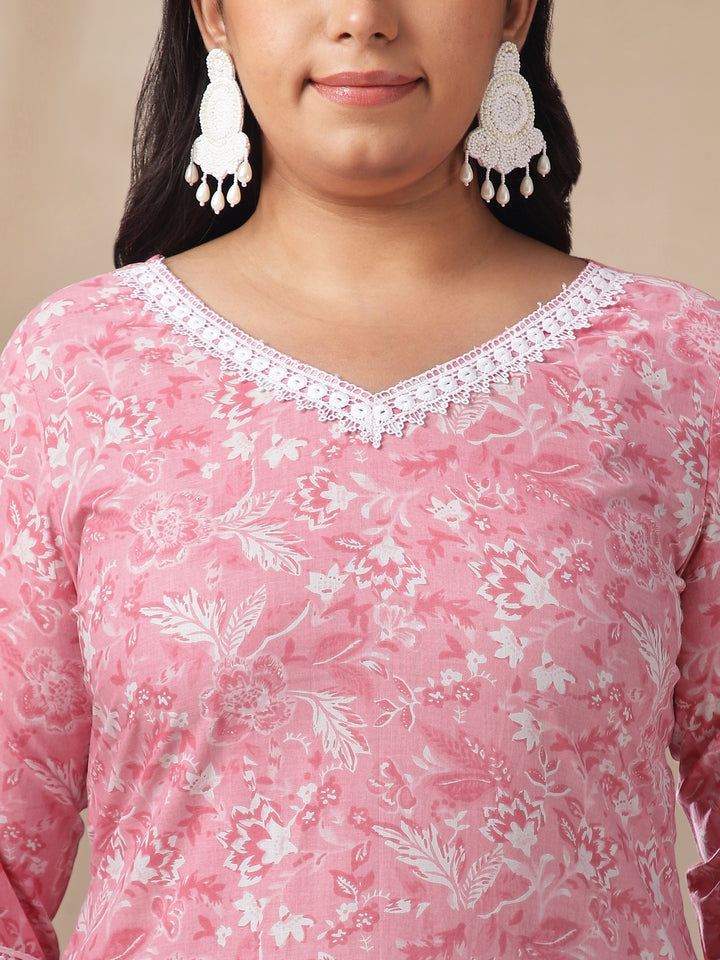 Plus Size Pink Floral Print Straight Kurta Set