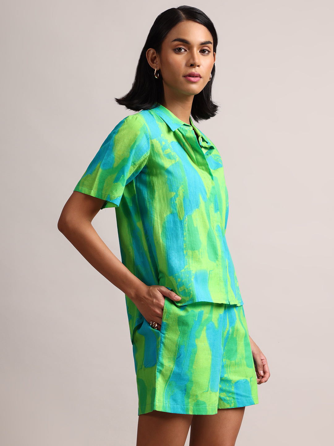 WOMEN GREEN LIME COTTON ABSTRACT SHORTS & SHIRT CO-ORD SET
