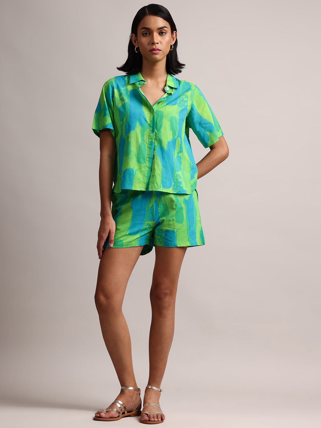 WOMEN GREEN LIME COTTON ABSTRACT SHORTS & SHIRT CO-ORD SET