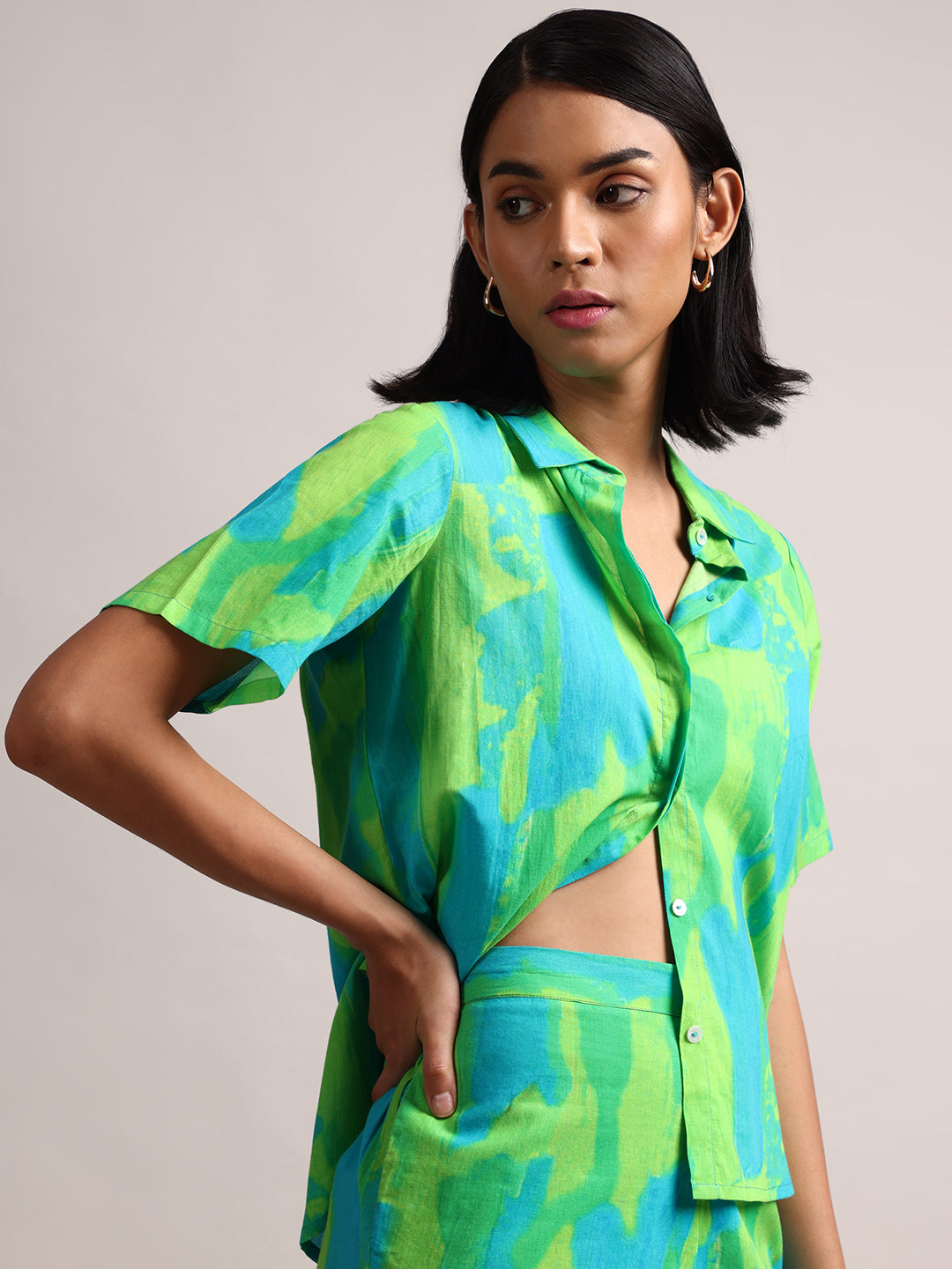 WOMEN GREEN LIME COTTON ABSTRACT SHORTS & SHIRT CO-ORD SET