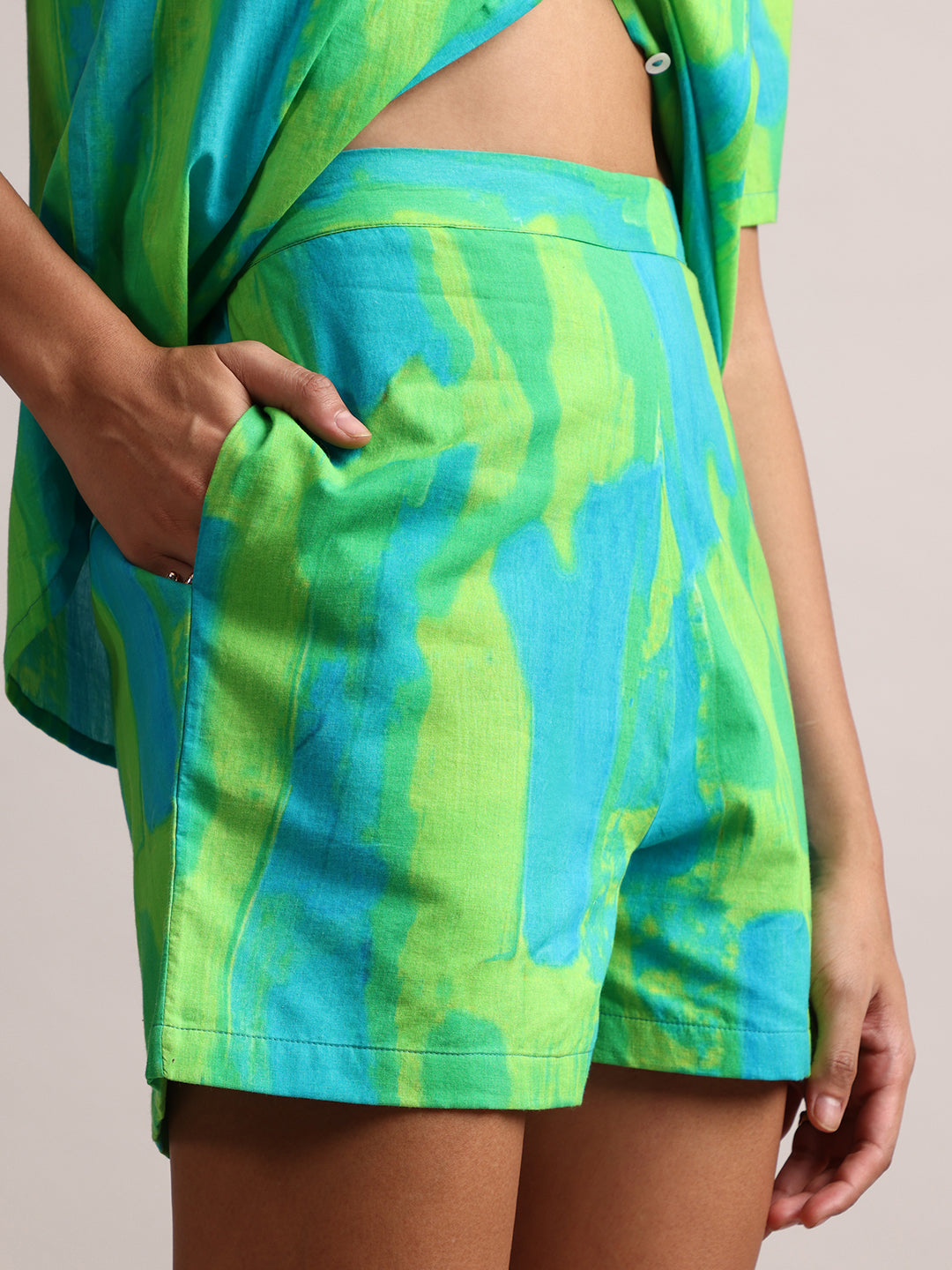 WOMEN GREEN LIME COTTON ABSTRACT SHORTS & SHIRT CO-ORD SET