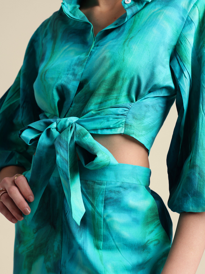 AQUA ABSTRACT TIE & DYE SHIRT & SHORTS CO-ORD SET