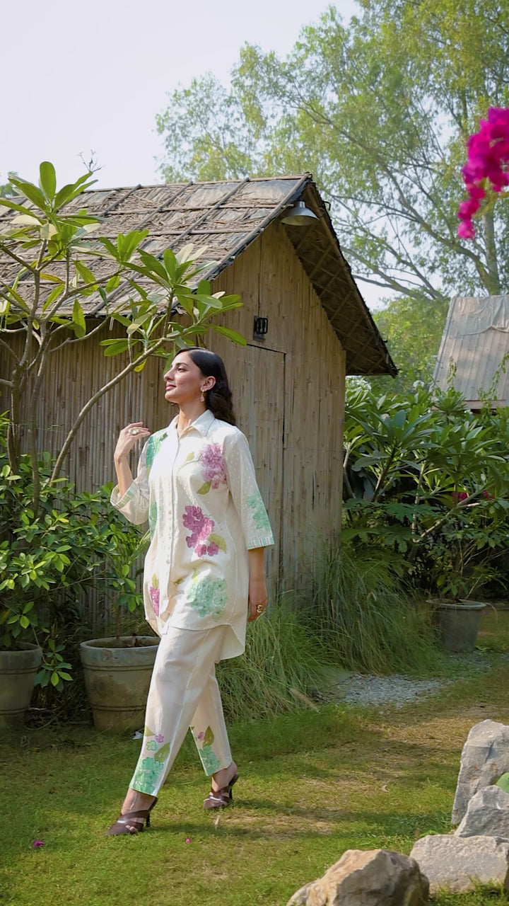 Off-White Cotton Floral Brush Painted Co-ord Set for Women