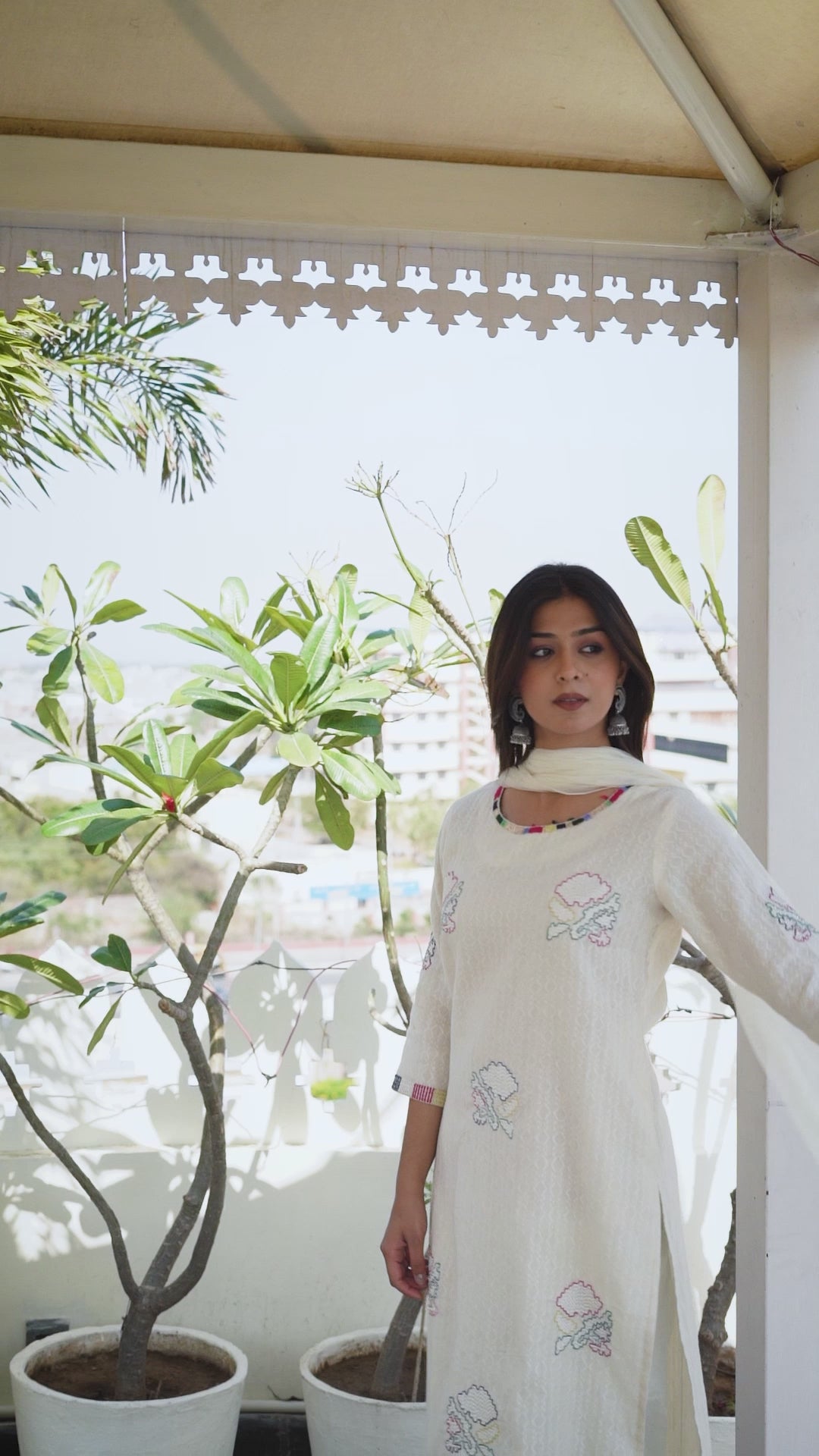 Women White Cotton Embroidered 3 Piece Kurta Set
