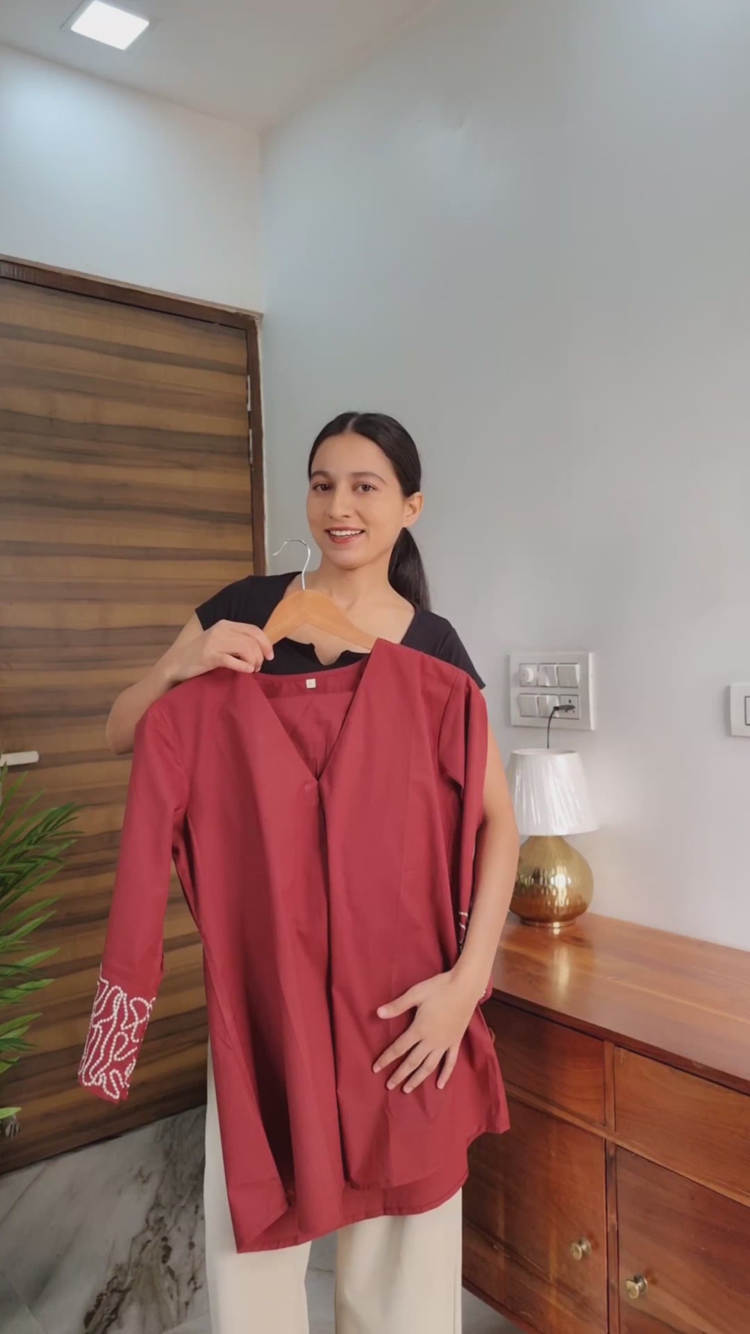 Maroon Embroidered cotton-poplin V-neck co-ord set  for Women