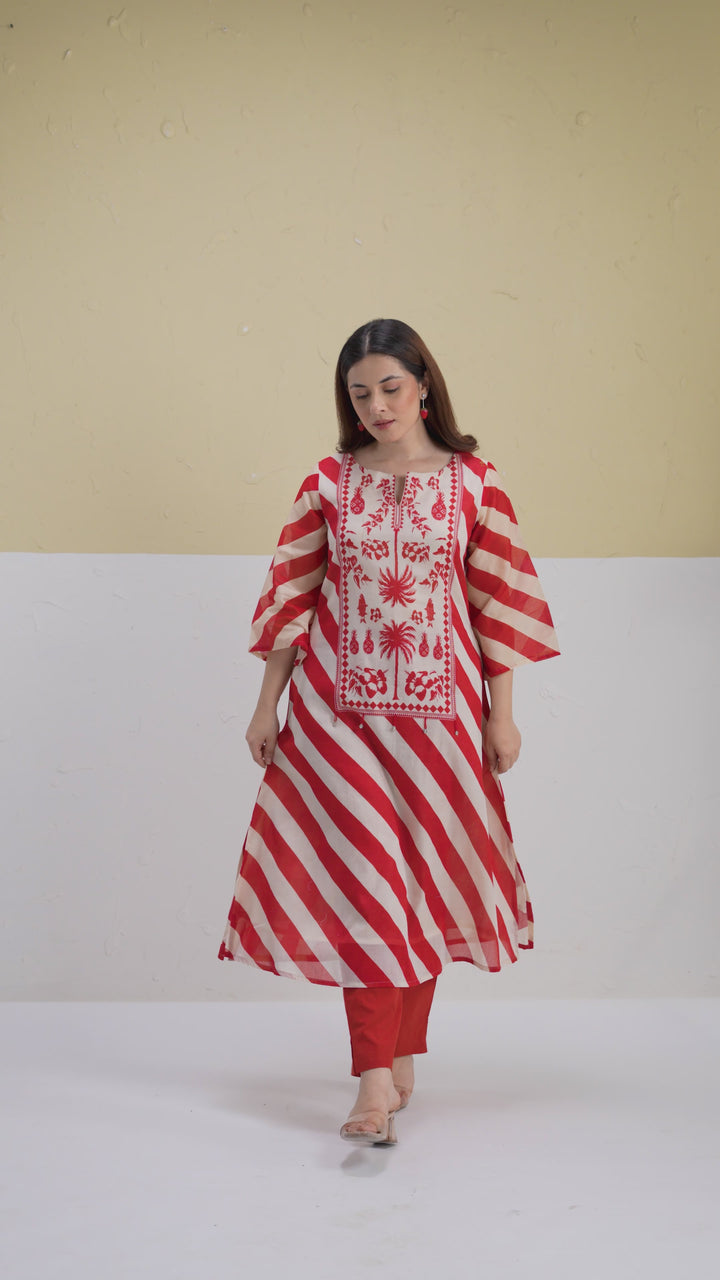 Red and Cream Striped Printed Custard Cotton Kurta Set