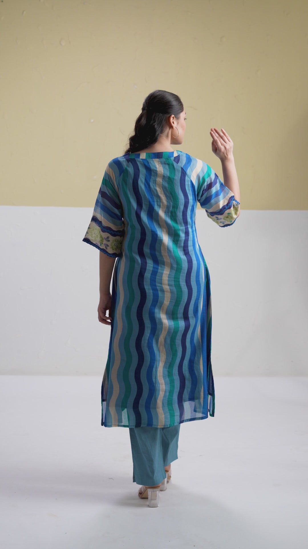 Custard Blue Multi Stripe Printed Straight Cotton Kurta set