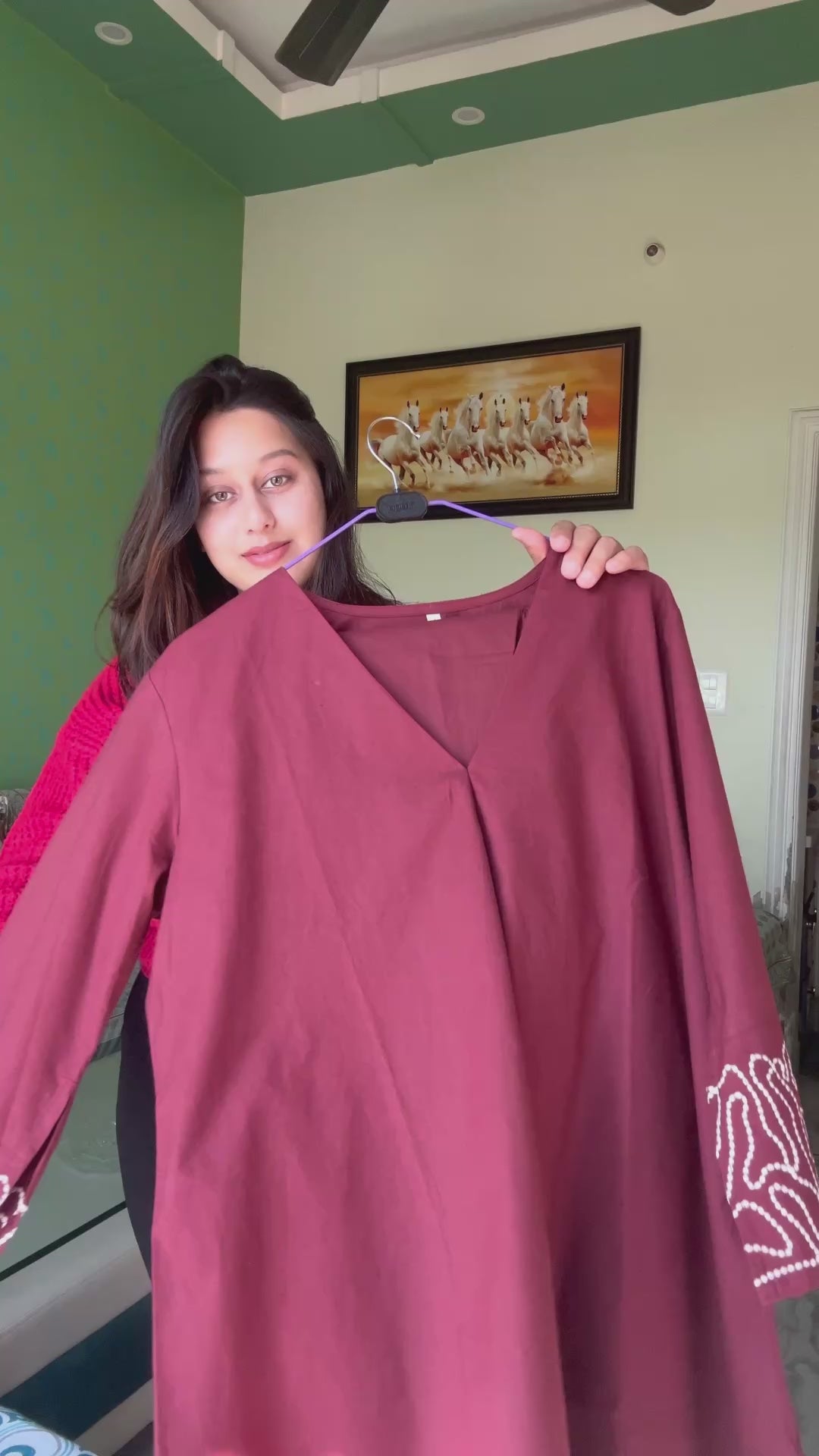 Maroon Embroidered cotton-poplin V-neck co-ord set  for Women