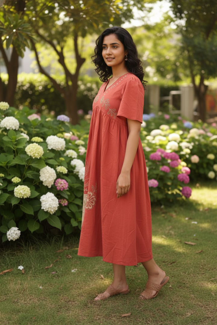 Custard Women's Rust Cotton Embroidered Midi Dress